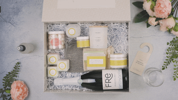 Congratulations gift basket with natural skincare, Fre Champange and more goodies